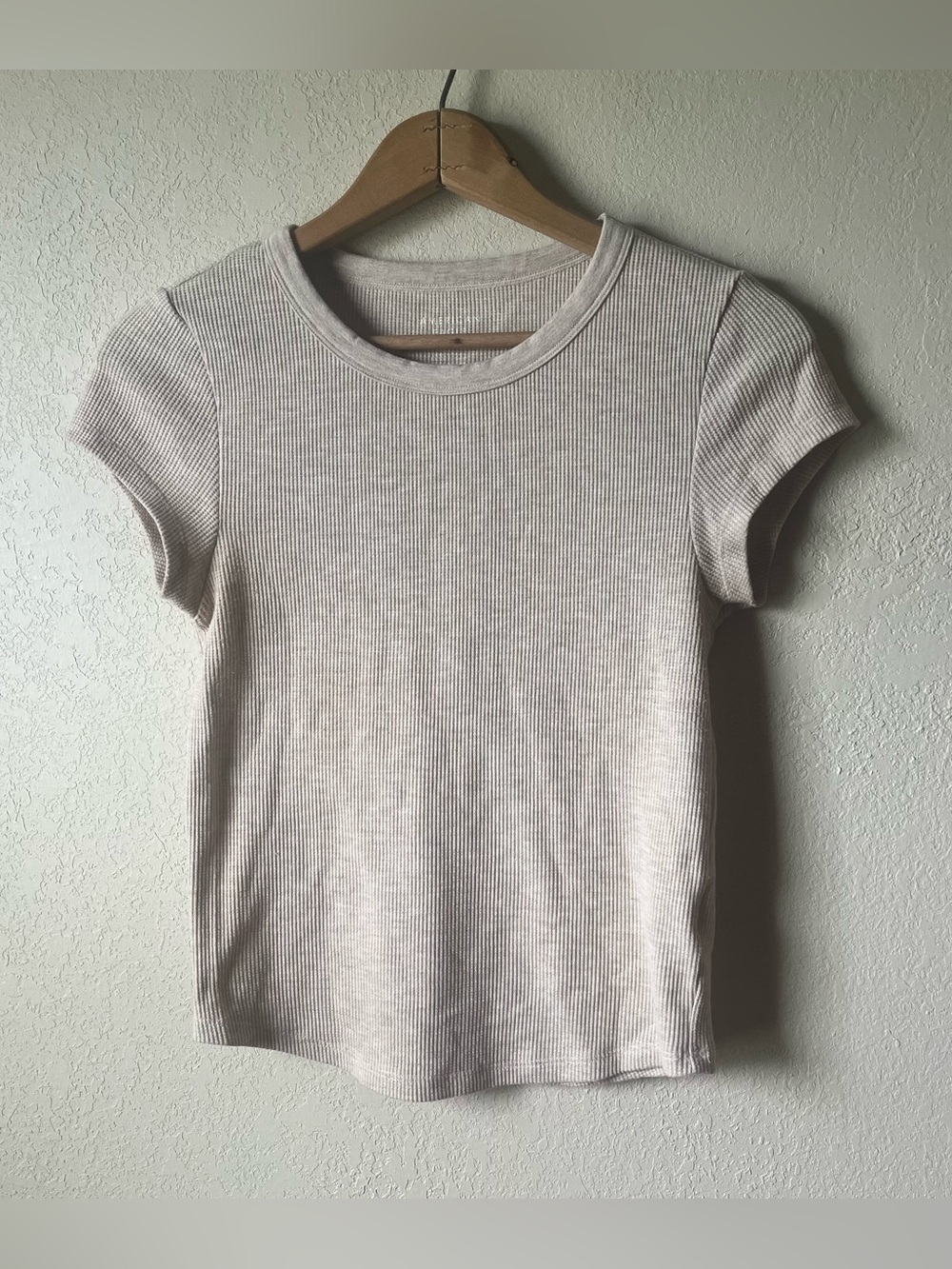 American Eagle Outfitters Ribbed Short Sleeve Crew Neck Top - Light Beige